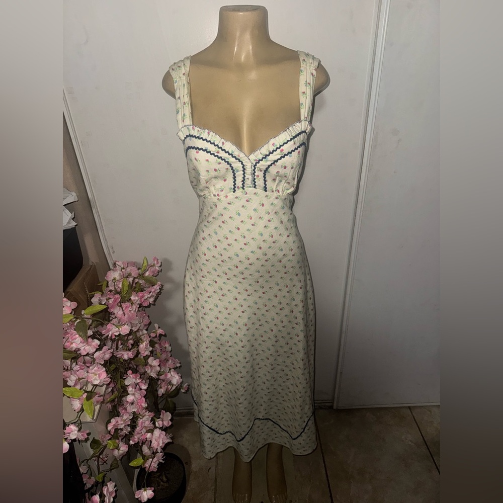 Free People Cream Floral Midi Dress with Blue Details - Picture 5 of 13
